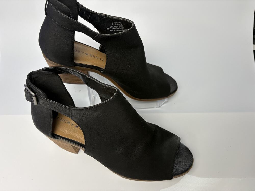 Lucky Brand LP-Barimo Black Leather Heeled Booties Open Toe Women's Size 8.5M